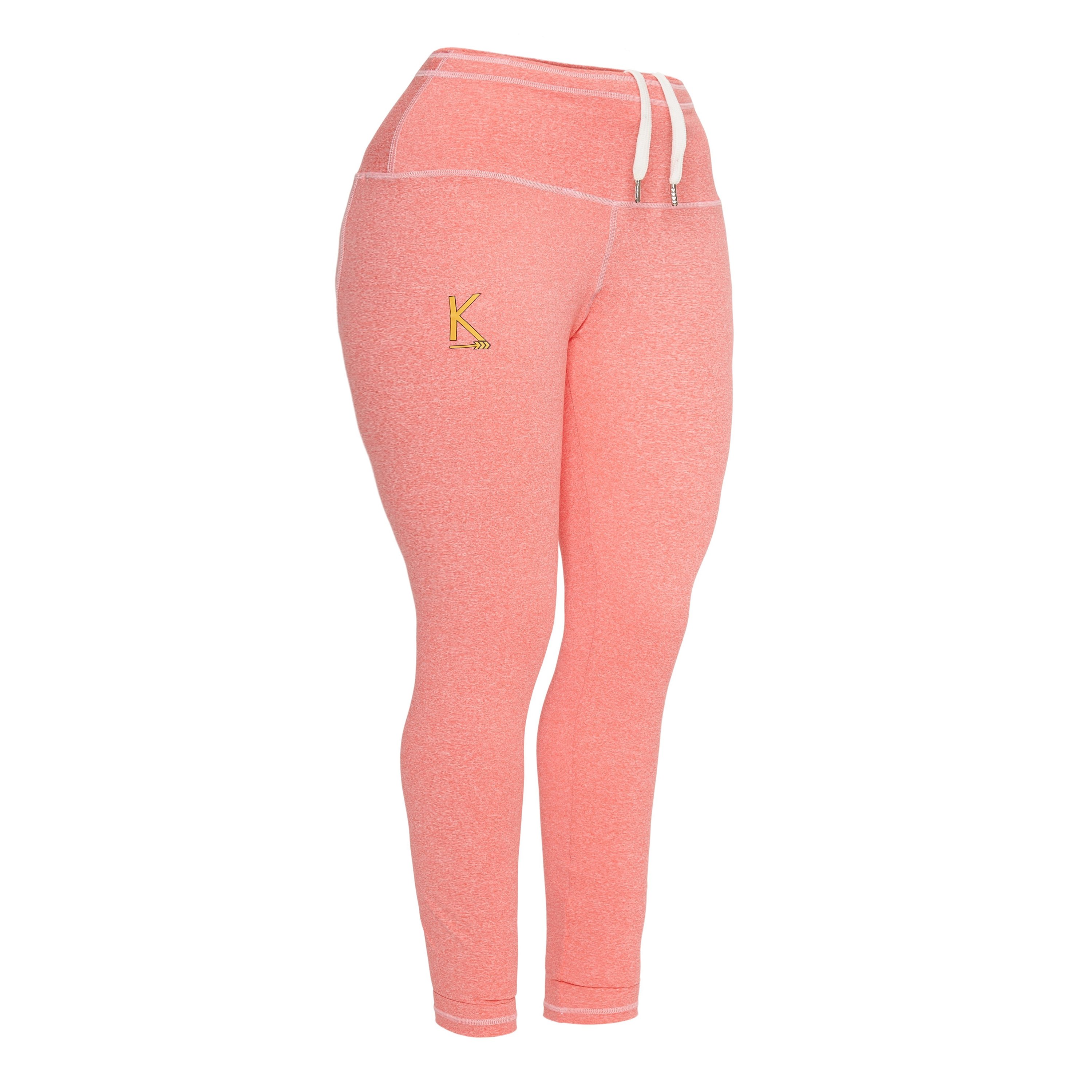 A pair of stylish peach leggings designed for comfort and durability, featuring double stitching and a non-transparent fabric.