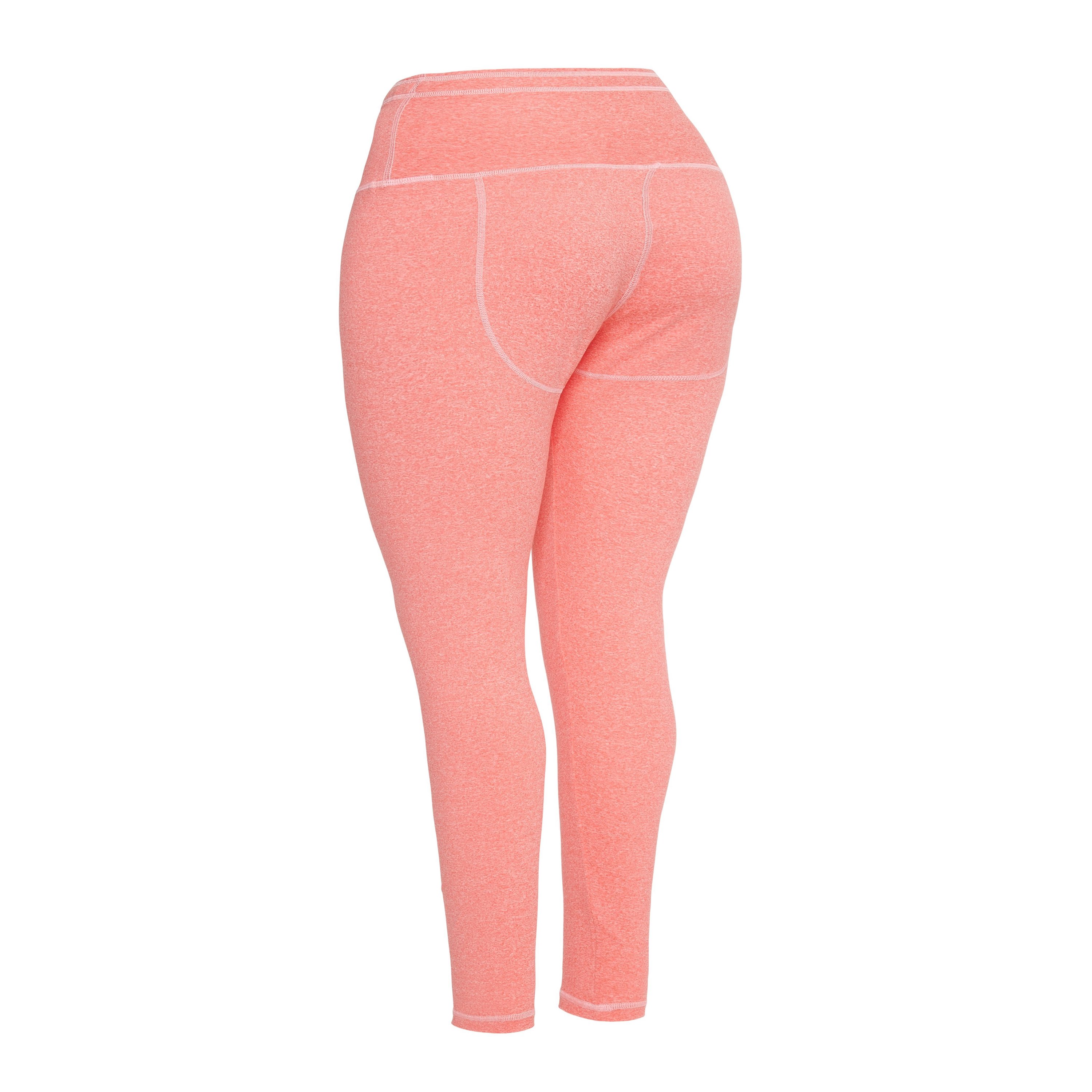 A pair of stylish peach leggings designed for comfort and durability, featuring double stitching and a non-transparent fabric.