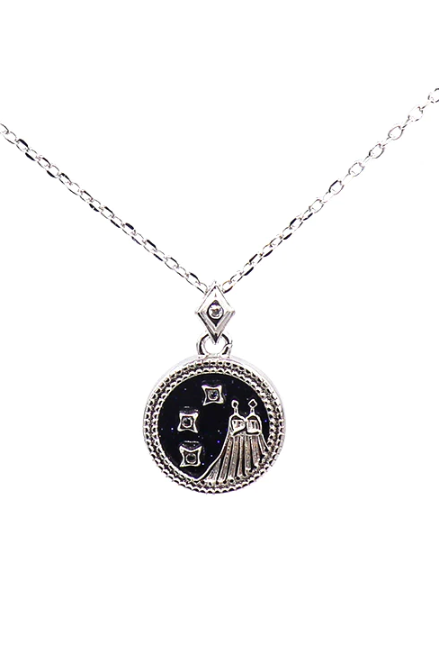 Elegant silver pendant necklace featuring the Gemini horoscope sign, showcasing its intricate design and high-quality craftsmanship.