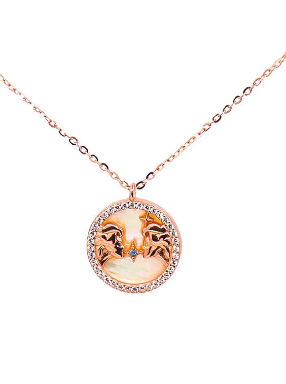 Elegant rose gold pendant necklace featuring the GEMINI horoscope sign, crafted from 100% silver.