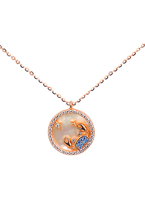 RAK rose gold pendant necklace featuring a horoscope sign, elegantly designed with a shiny finish.