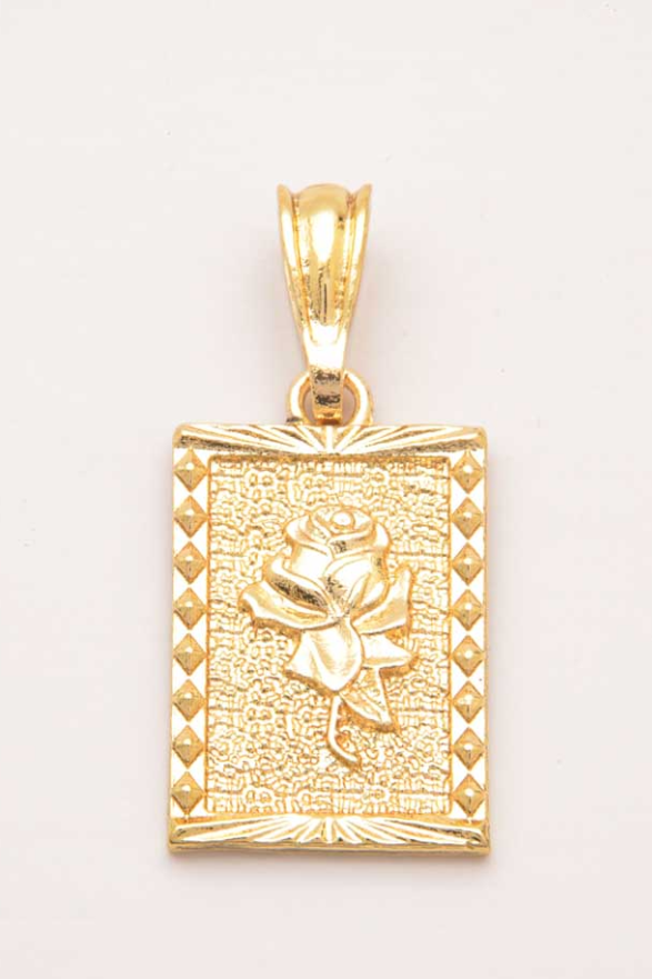 Gold rectangular pendant featuring a delicate rose motif, designed for elegance and style.