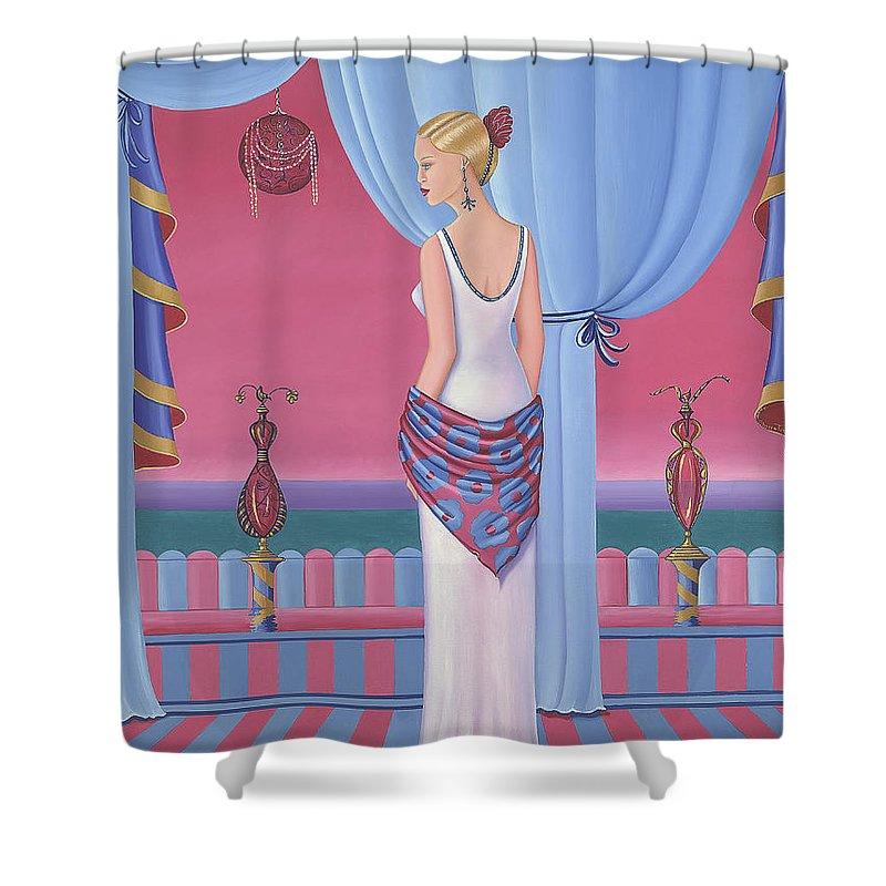 Elegant Perfume Shower Curtain made of 100% polyester, featuring a stylish design with 12 hanging holes for easy installation.