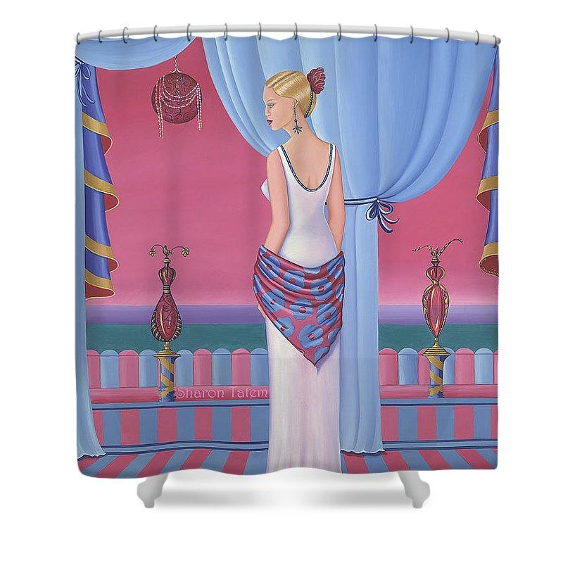 Elegant Perfume Shower Curtain made of 100% polyester, featuring 12 hanging holes and dimensions of 71" x 74".