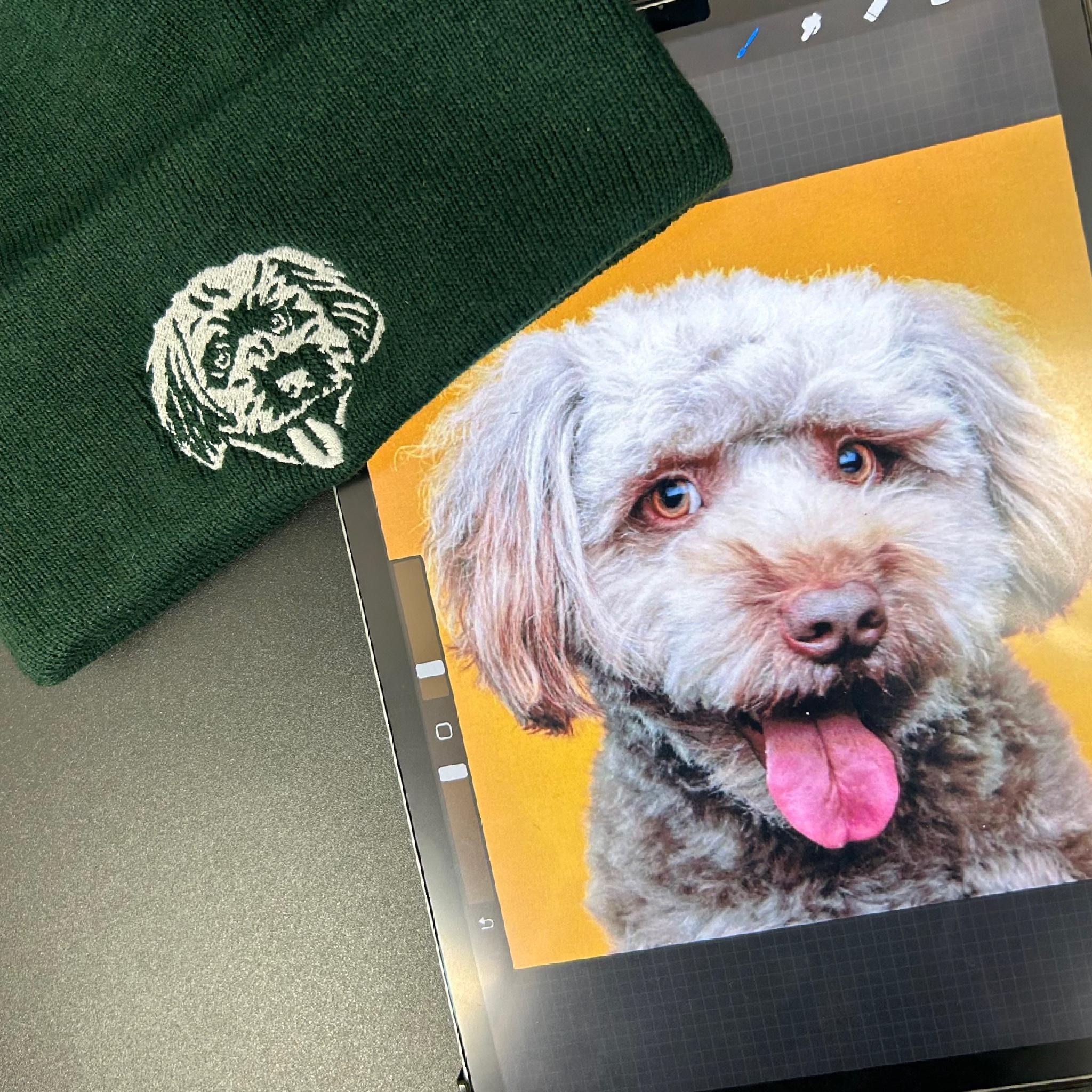 Custom embroidered pet portrait of a dog, showcasing intricate line drawing details.