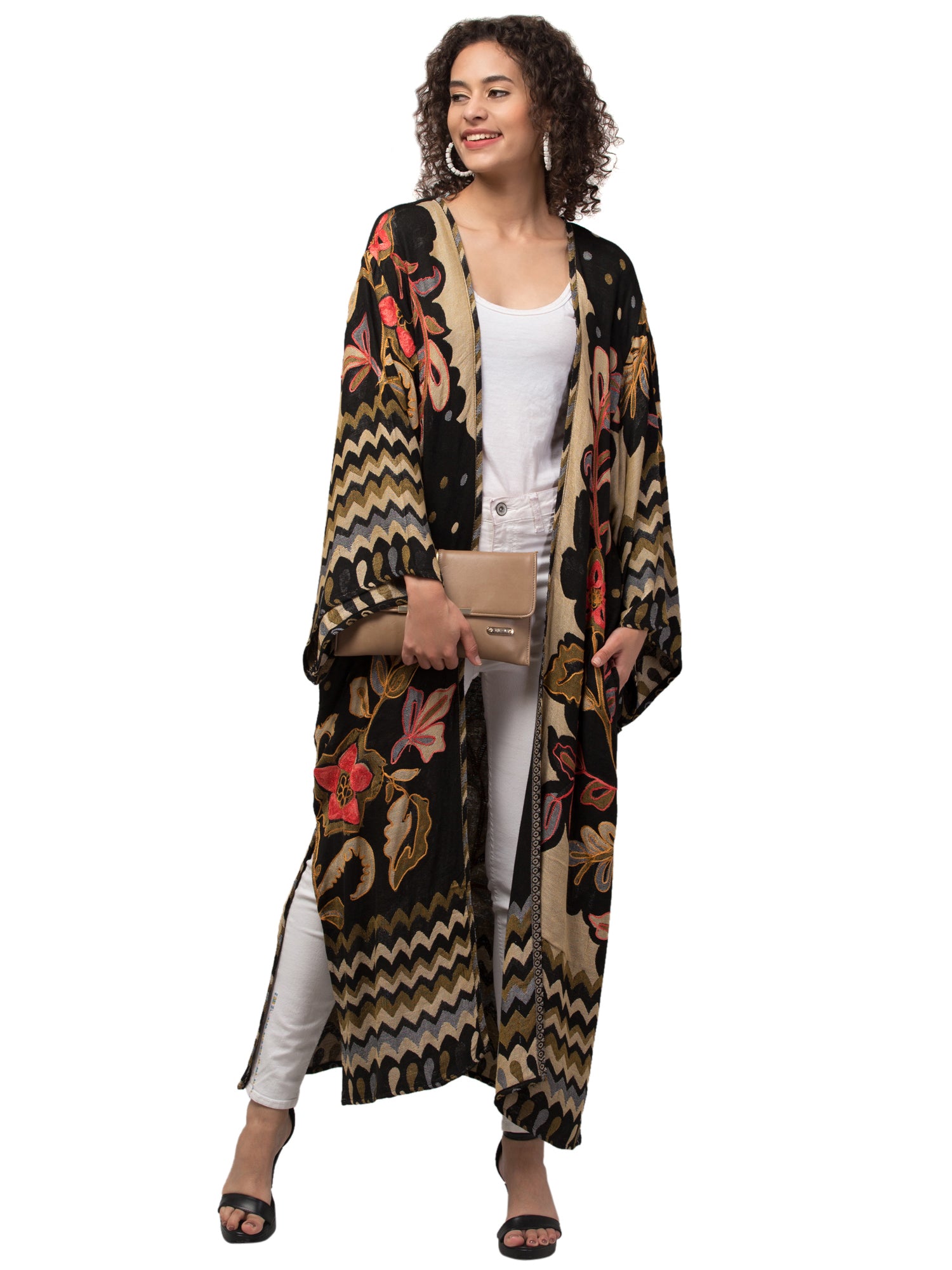 Colorful Petunia Power Thick Stitch Kimono Jacket with intricate hand embroidery, showcasing bohemian style and thick-stitched fabric.