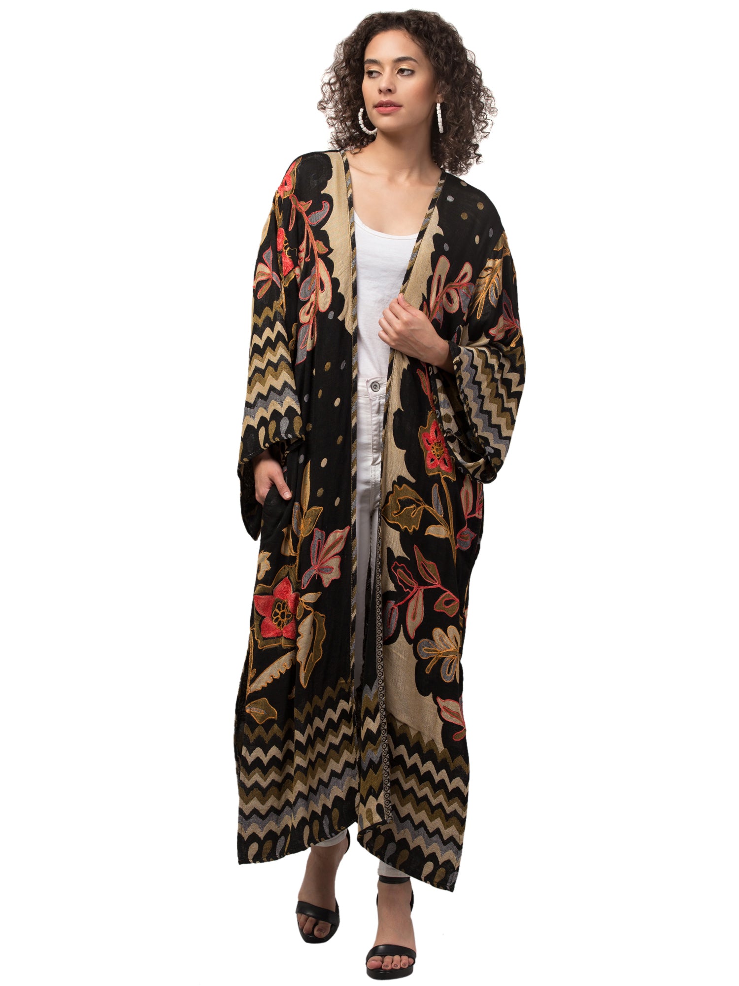 Colorful Petunia Power Thick Stitch Kimono Jacket with intricate hand embroidery, showcasing bohemian style and thick-stitched fabric.