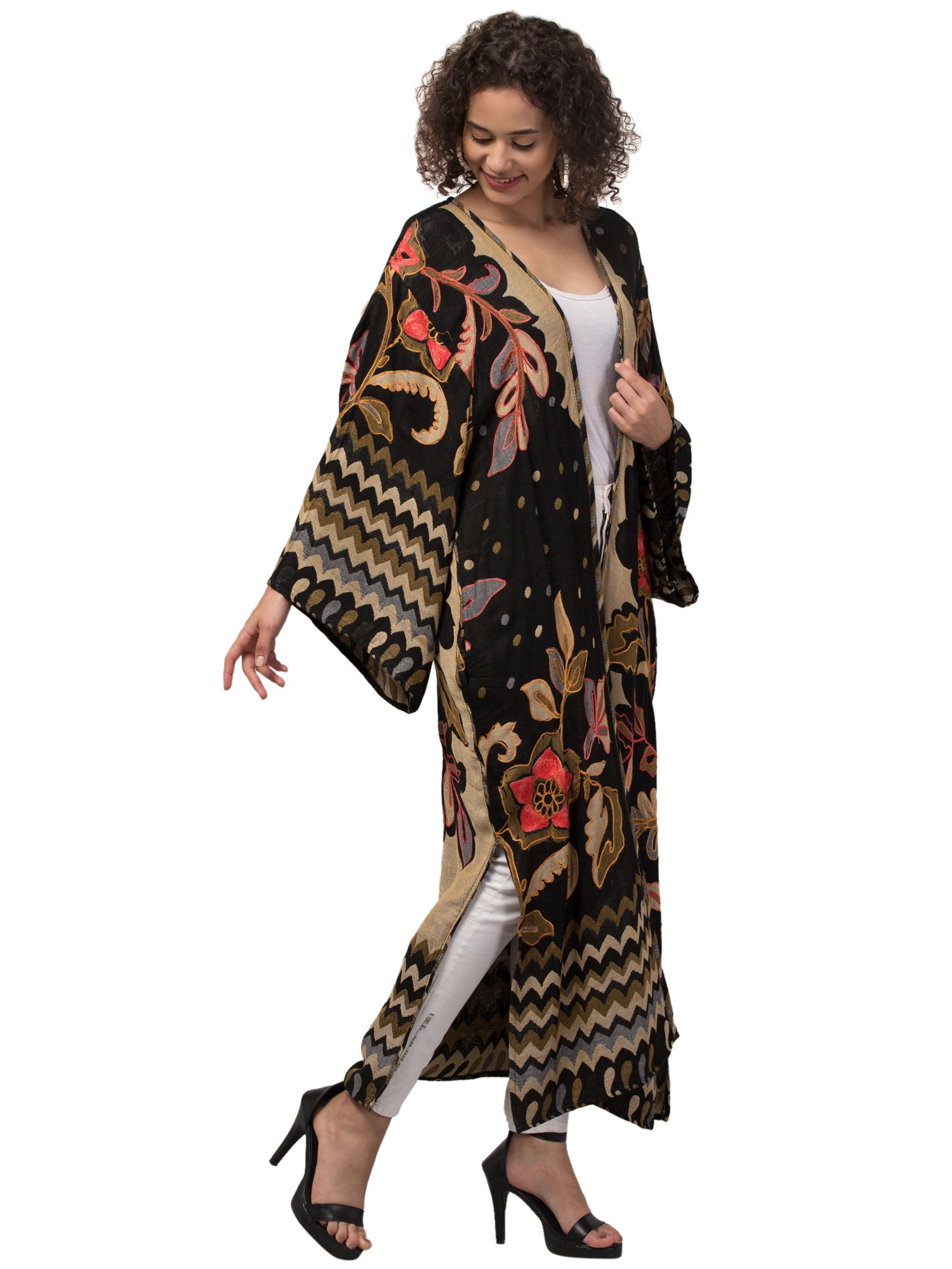 Colorful Petunia Power Thick Stitch Kimono Jacket with intricate hand embroidery, showcasing bohemian style and thick-stitched fabric.