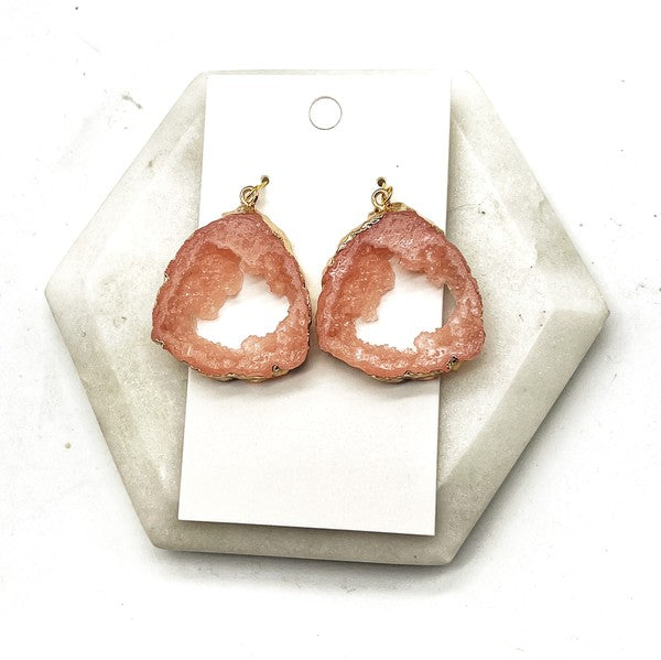 A pair of Pink Coral Agate Slice Resin Statement Earrings with gold accents, showcasing unique pink patterns and a stylish design.