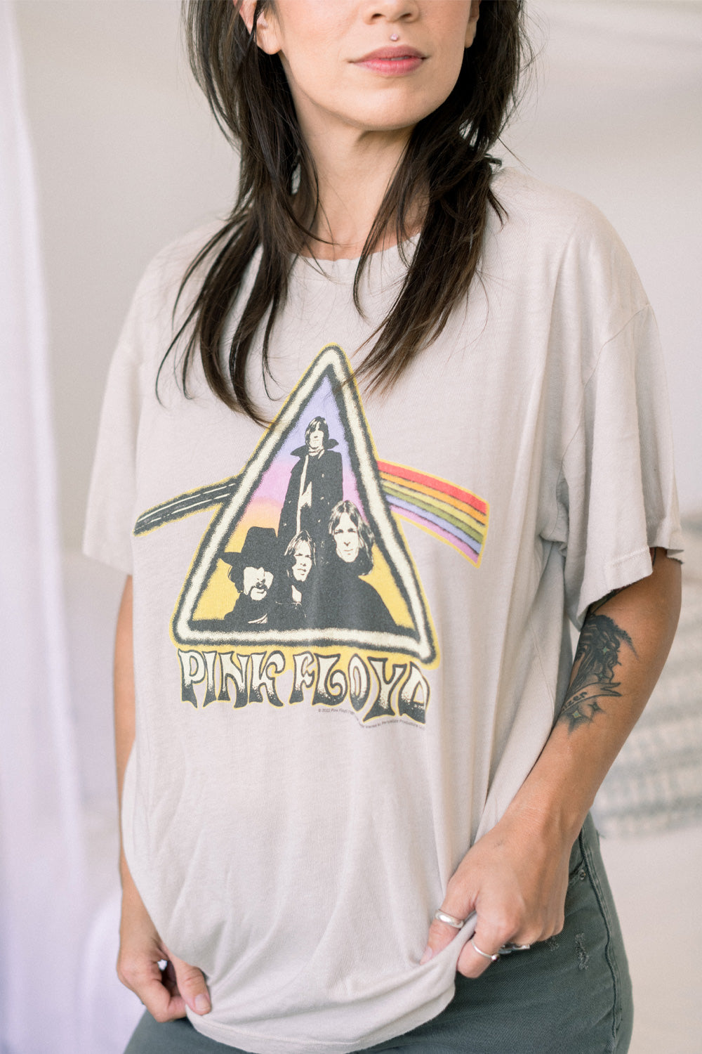 Pink Floyd Closet Tee in vintage white, showcasing modern fit and eco-friendly fabric.