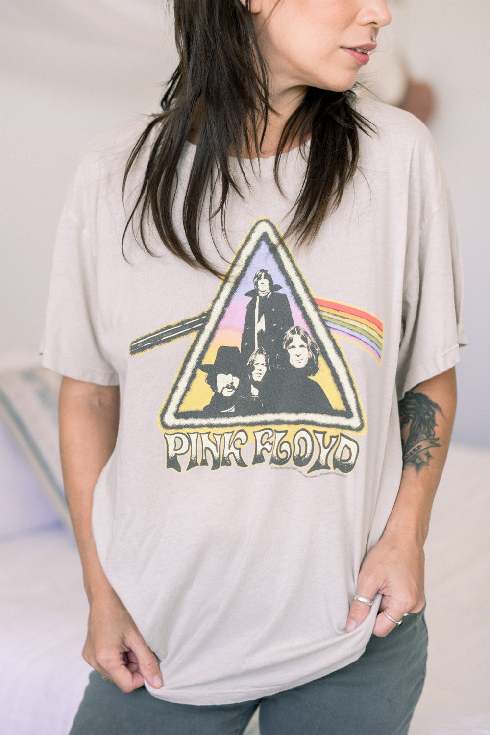 Pink Floyd Closet Tee in vintage white, showcasing modern fit and eco-friendly fabric.