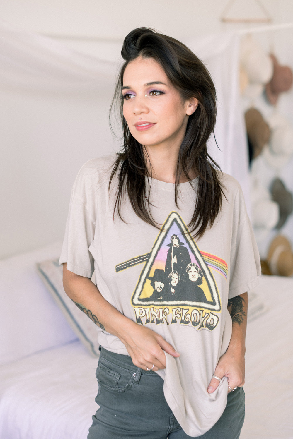 Pink Floyd Closet Tee in vintage white, showcasing modern fit and eco-friendly fabric.