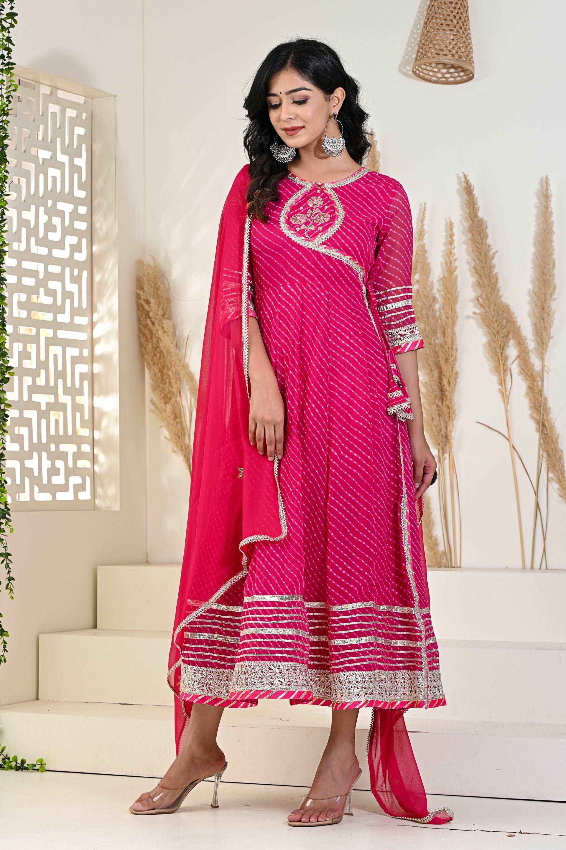 Pink Mothda/Lahariya Angrakha Kurti with Gotta Patti work, showcasing a flared design and elegant style.