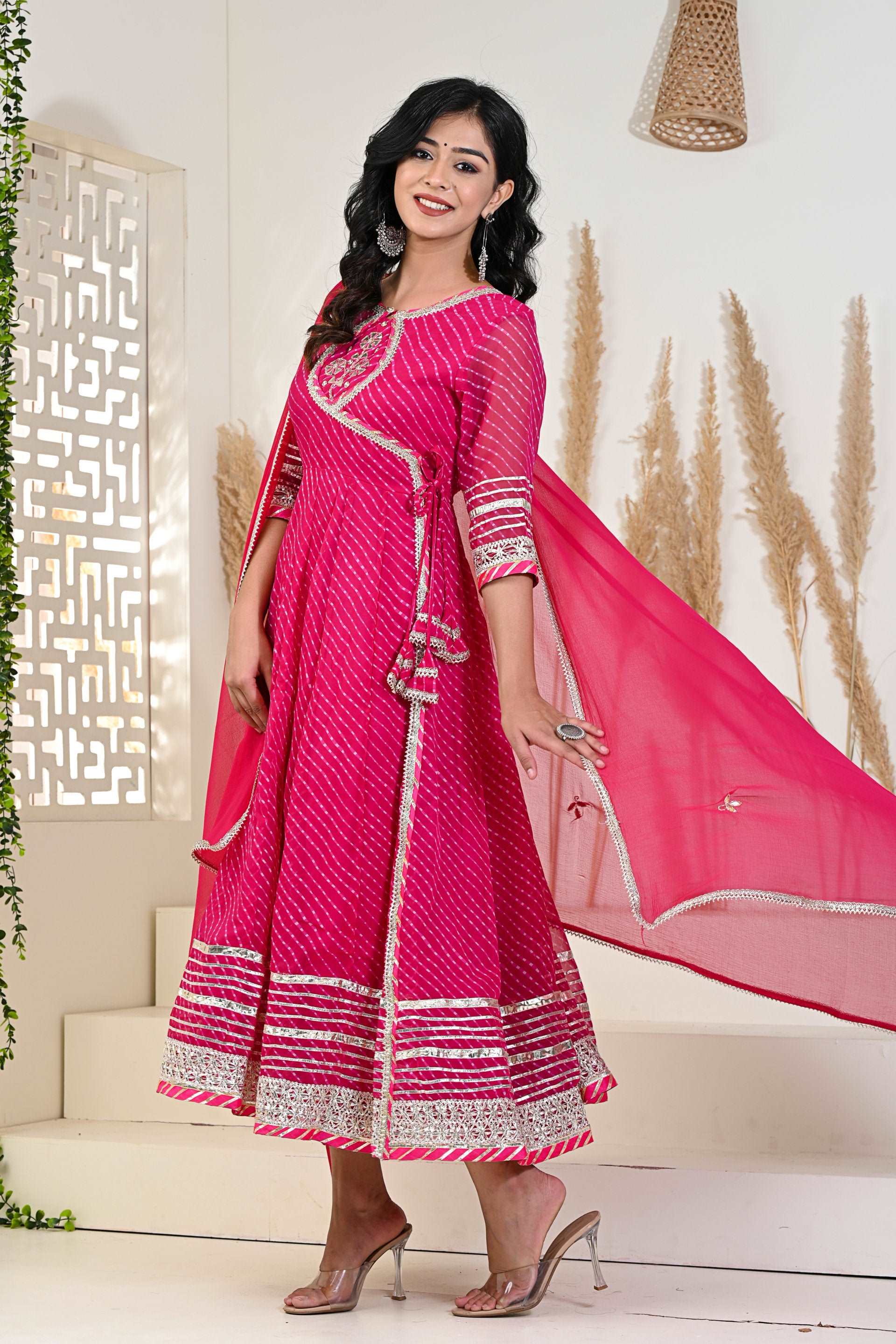 Pink Mothda/Lahariya Angrakha Kurti with Gotta Patti work, showcasing a flared design and elegant style.