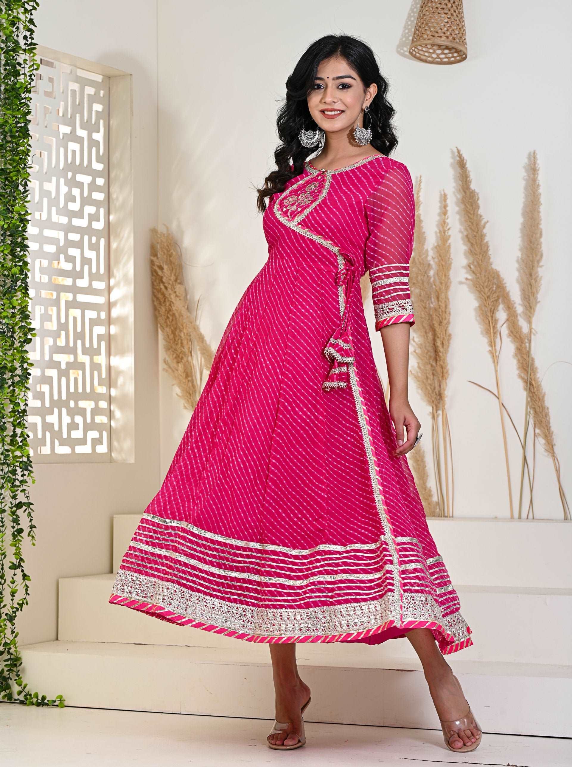 Pink Mothda/Lahariya Angrakha Kurti with Gotta Patti work, showcasing a flared design and elegant style.