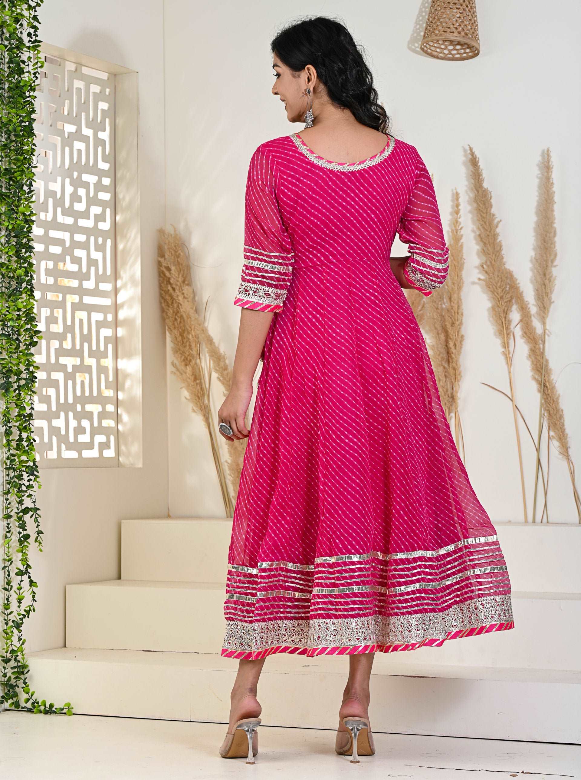 Pink Mothda/Lahariya Angrakha Kurti with Gotta Patti work, showcasing a flared design and elegant style.