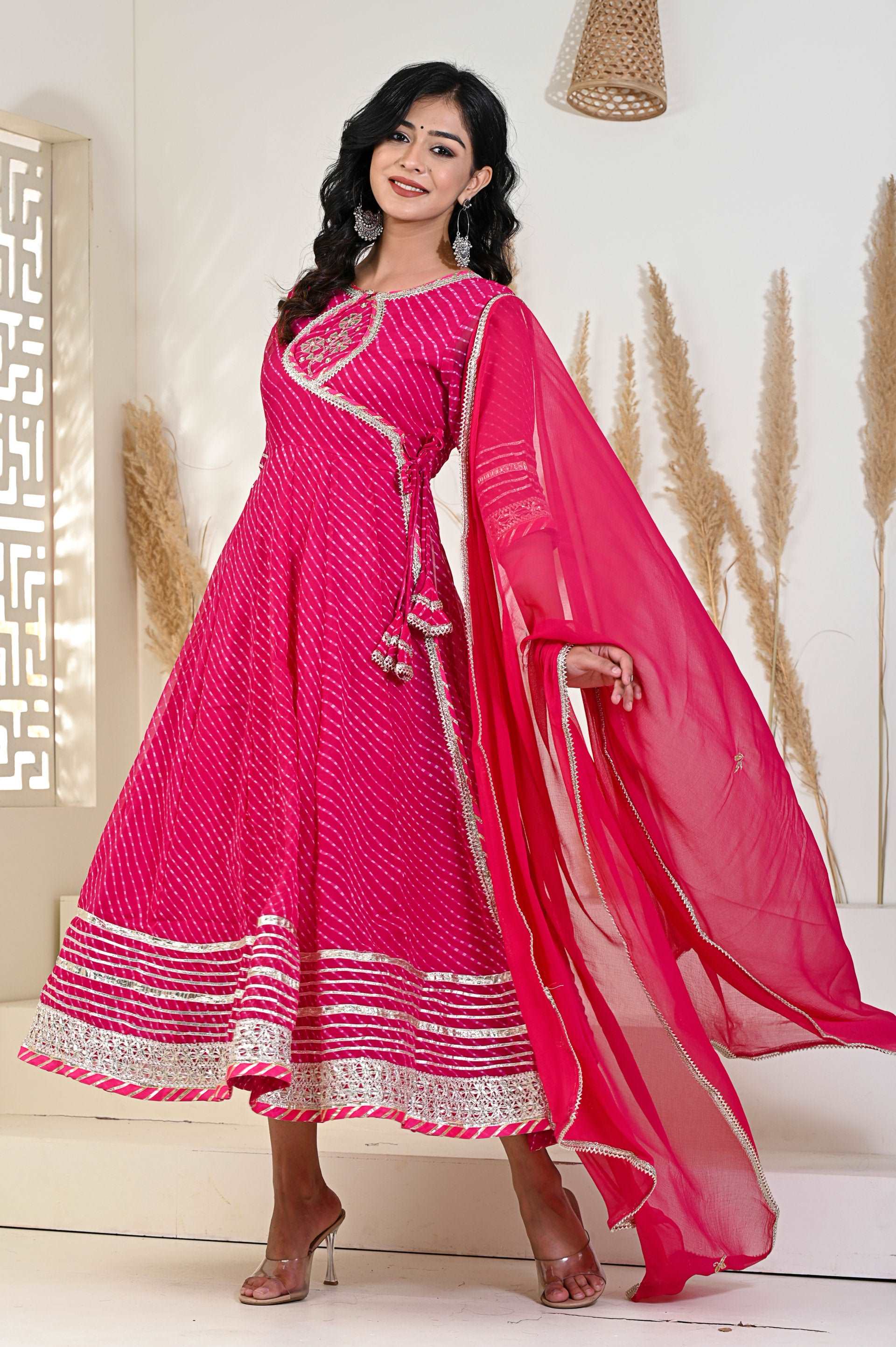 Pink Mothda/Lahariya Angrakha Kurti with Gotta Patti work, showcasing a flared design and elegant style.