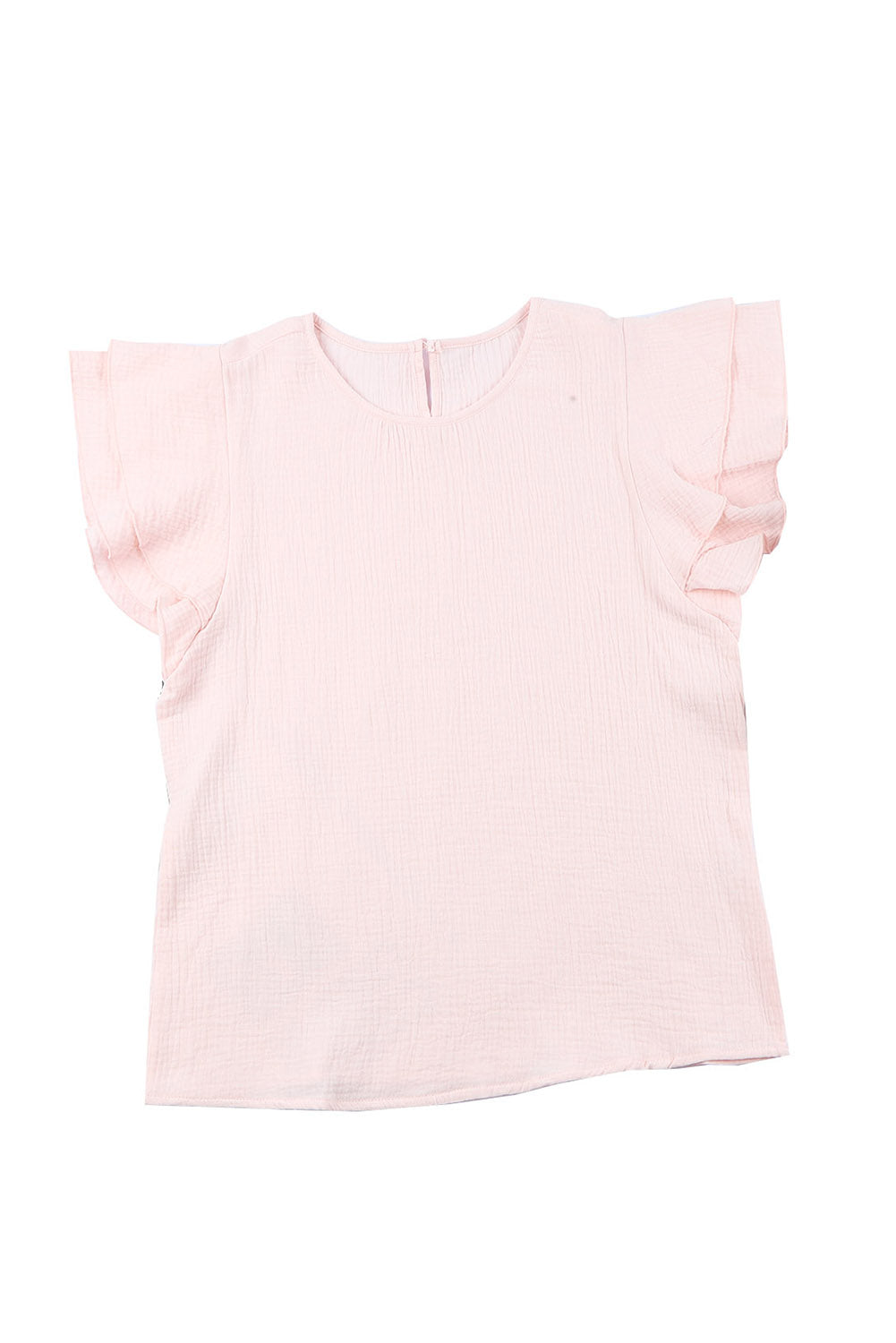 A stylish pink blouse featuring tiered ruffled sleeves and textured details, perfect for casual and formal occasions.