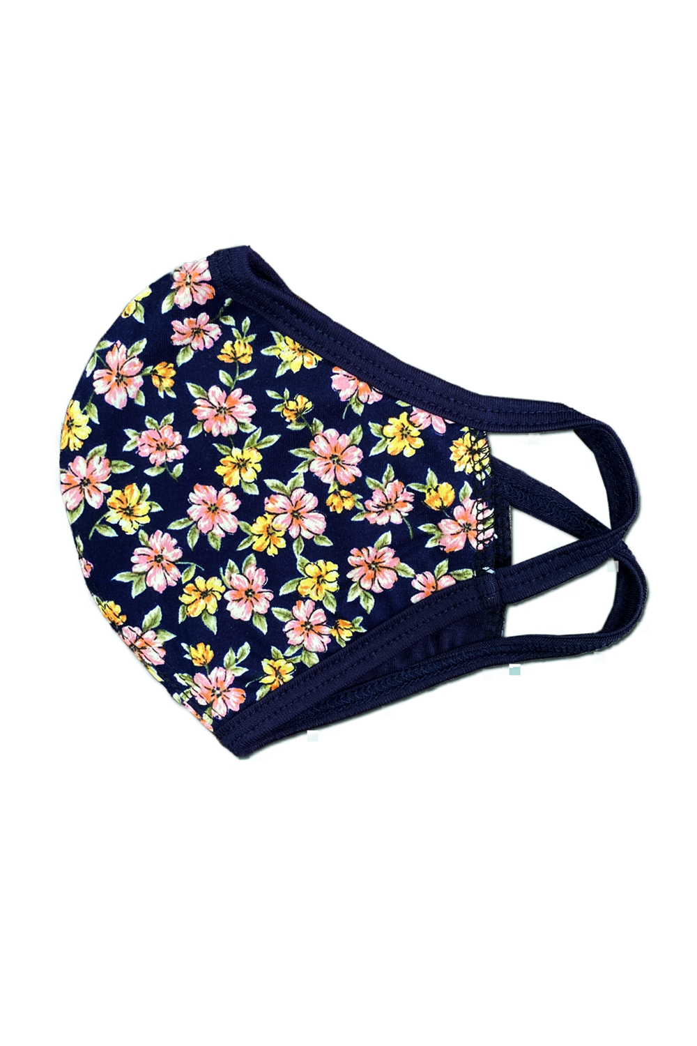 Pink and white floral face mask made from breathable fabric, featuring elastic ear bands for a secure fit.