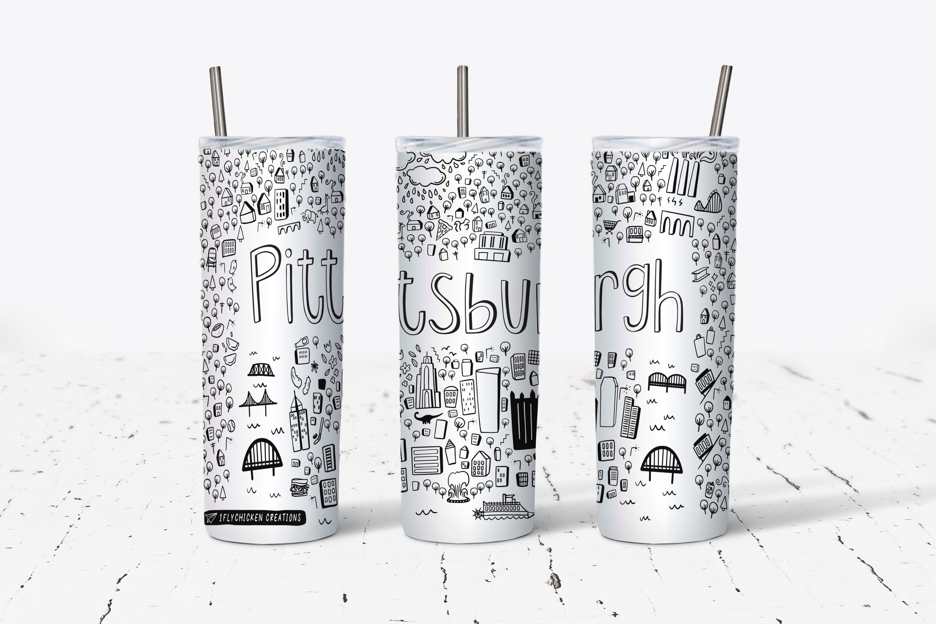 Pittsburgh Doodle 20 oz stainless steel tumbler with a stainless steel straw, featuring a unique design from the collaboration with 1 Fly Chicken.