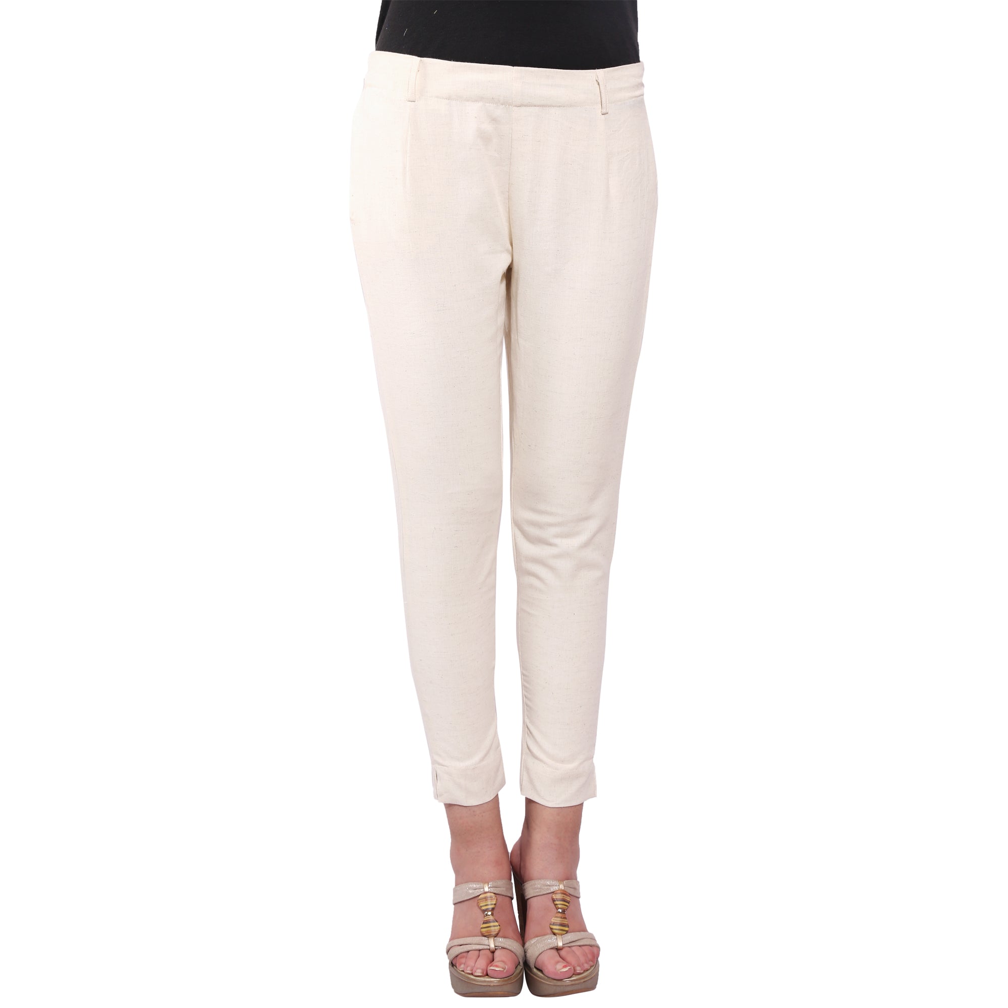 Piya Bawari off-white cotton cigarette pant displayed elegantly, showcasing its smooth fabric and tailored fit.