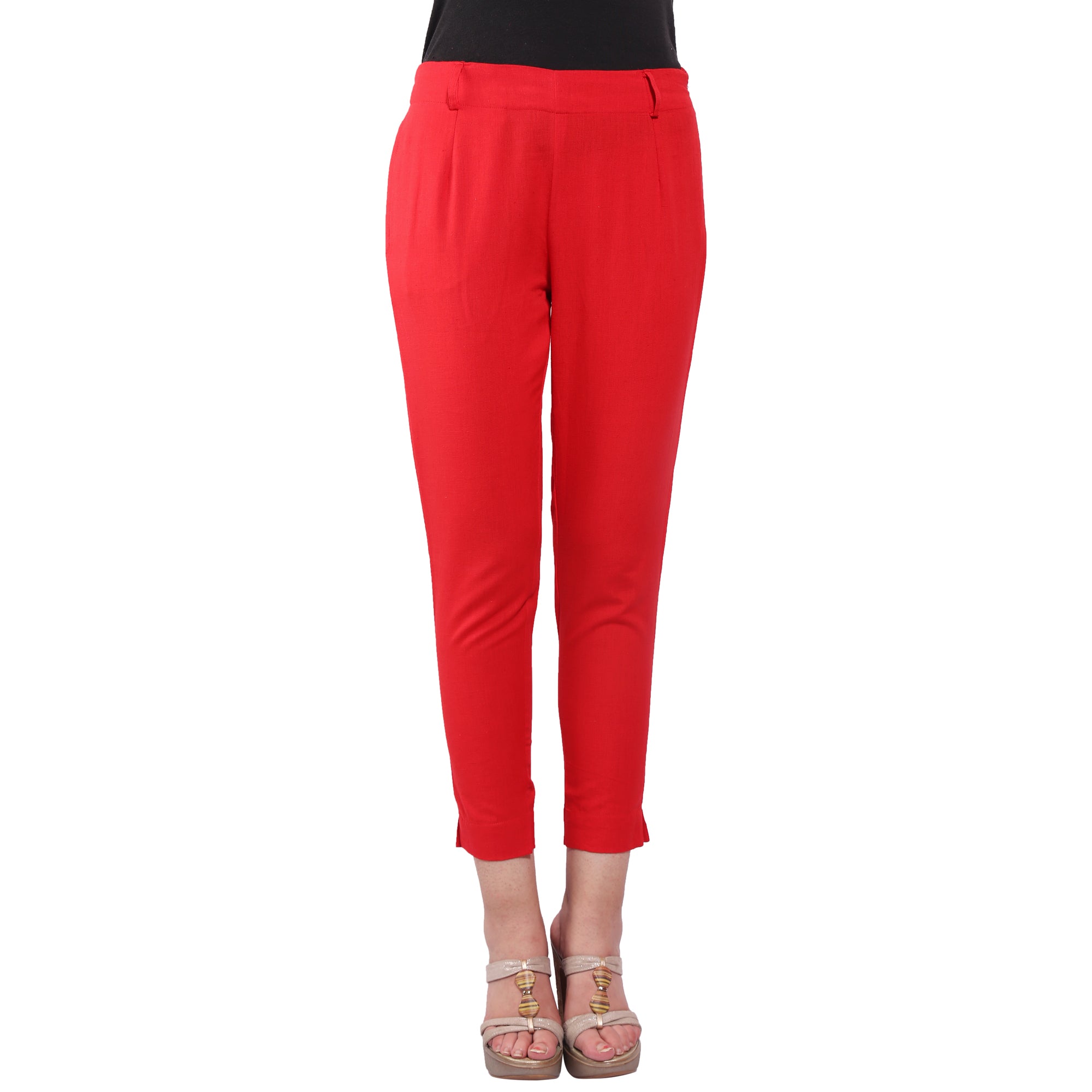 Piya Bawari Red Cotton Cigarette Pant displayed on a mannequin, showcasing its smooth fabric and stylish design.