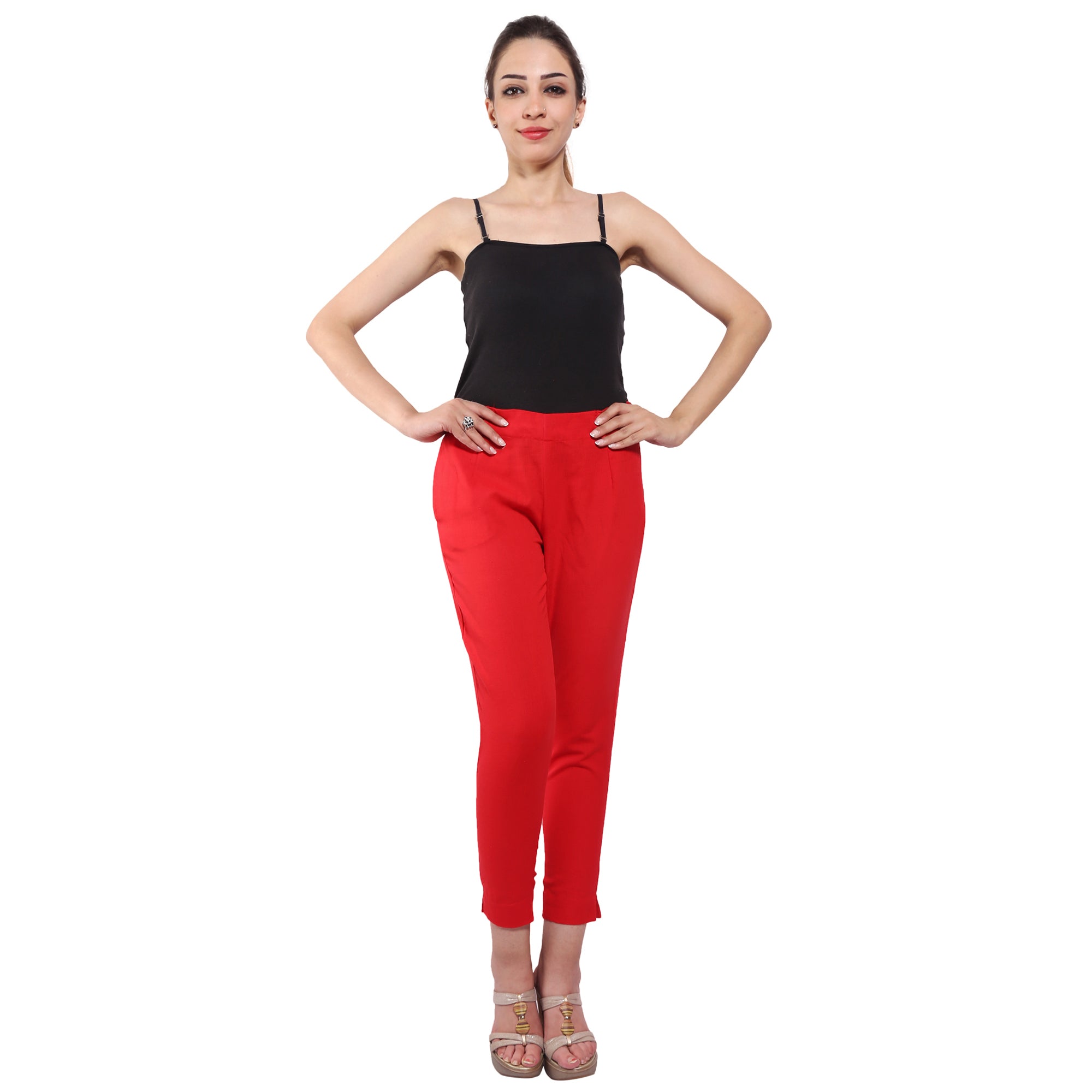 Piya Bawari Red Cotton Cigarette Pant displayed on a mannequin, showcasing its smooth fabric and stylish design.