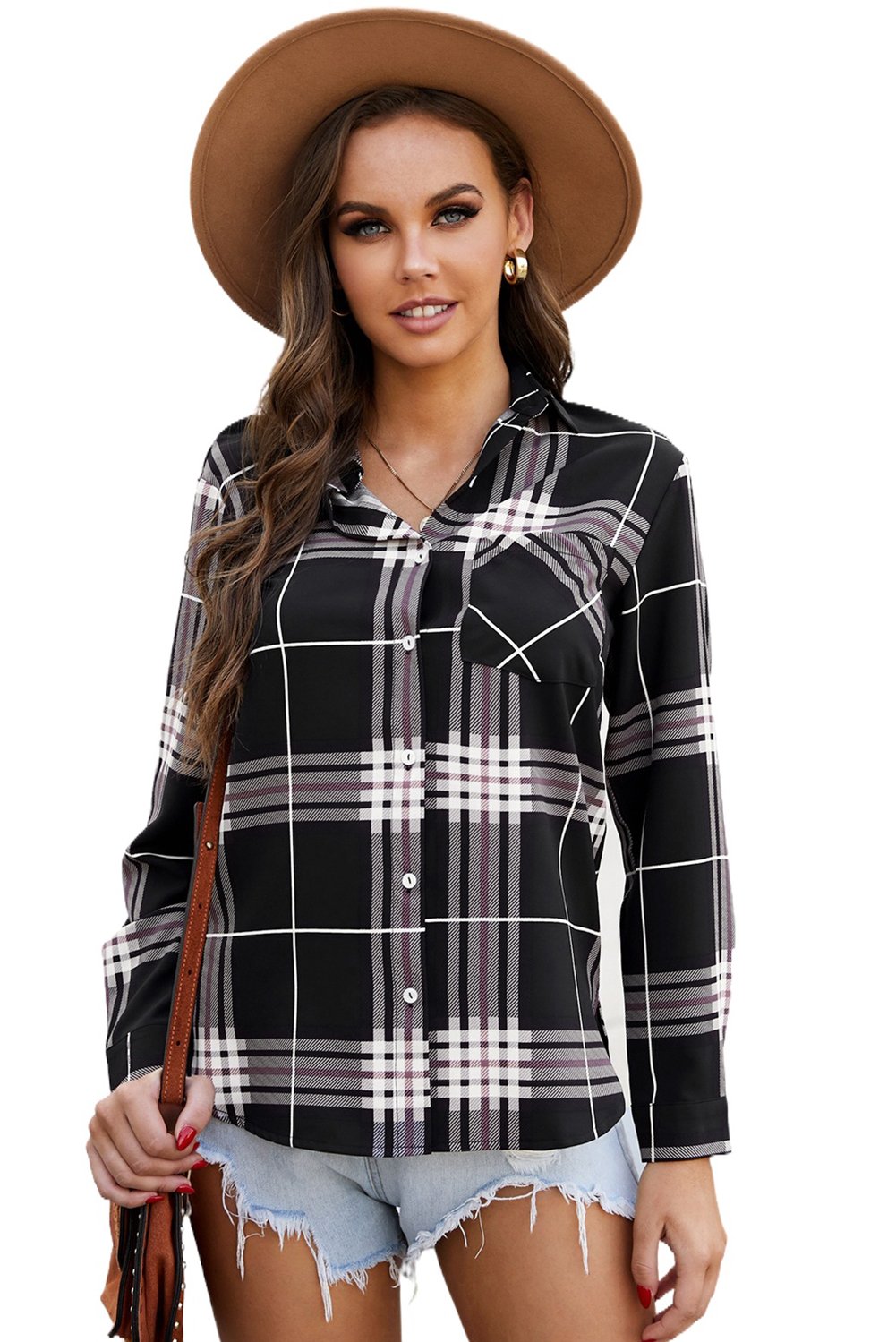 A stylish plaid button shirt in black, showcasing its classic design and comfortable fabric, perfect for various occasions.