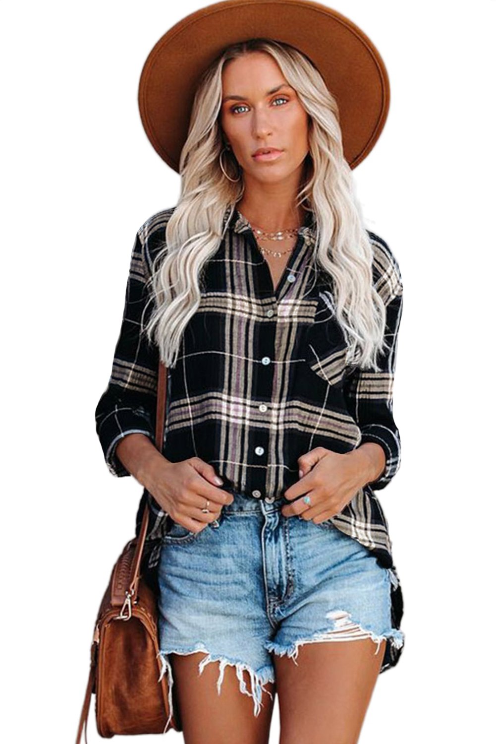 A stylish plaid button shirt in black, showcasing its classic design and comfortable fabric, perfect for various occasions.