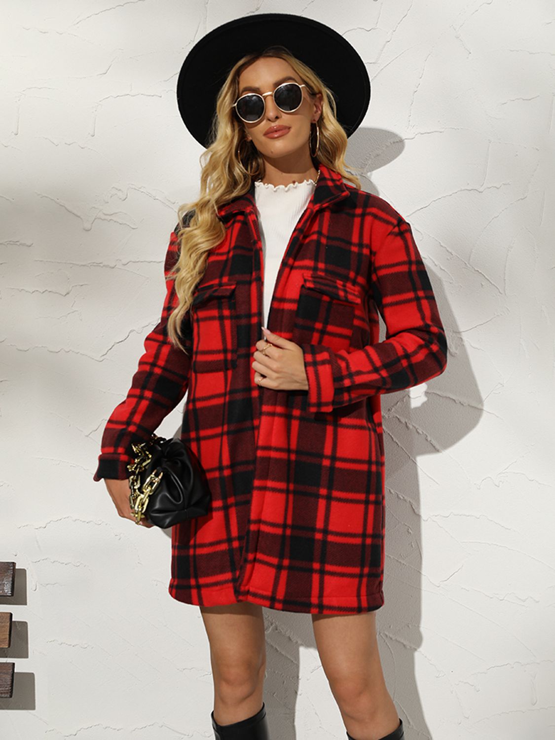 A stylish plaid collared longline coat featuring a chic design, long sleeves, and practical pockets, perfect for any occasion.