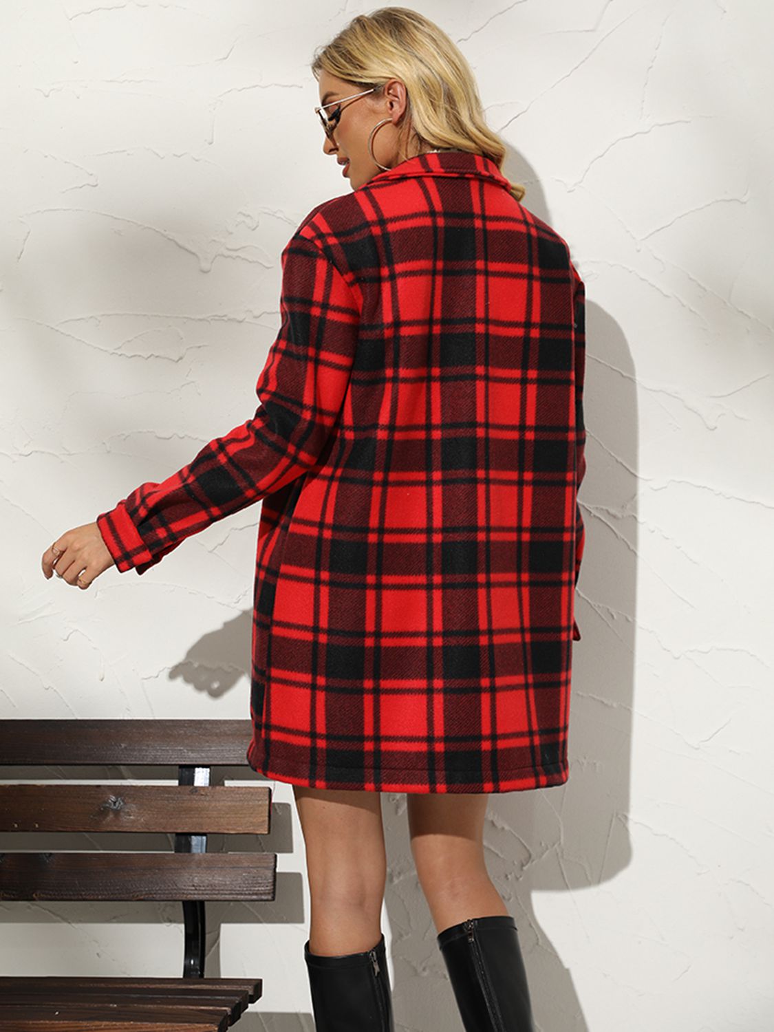 A stylish plaid collared longline coat featuring a chic design, long sleeves, and practical pockets, perfect for any occasion.