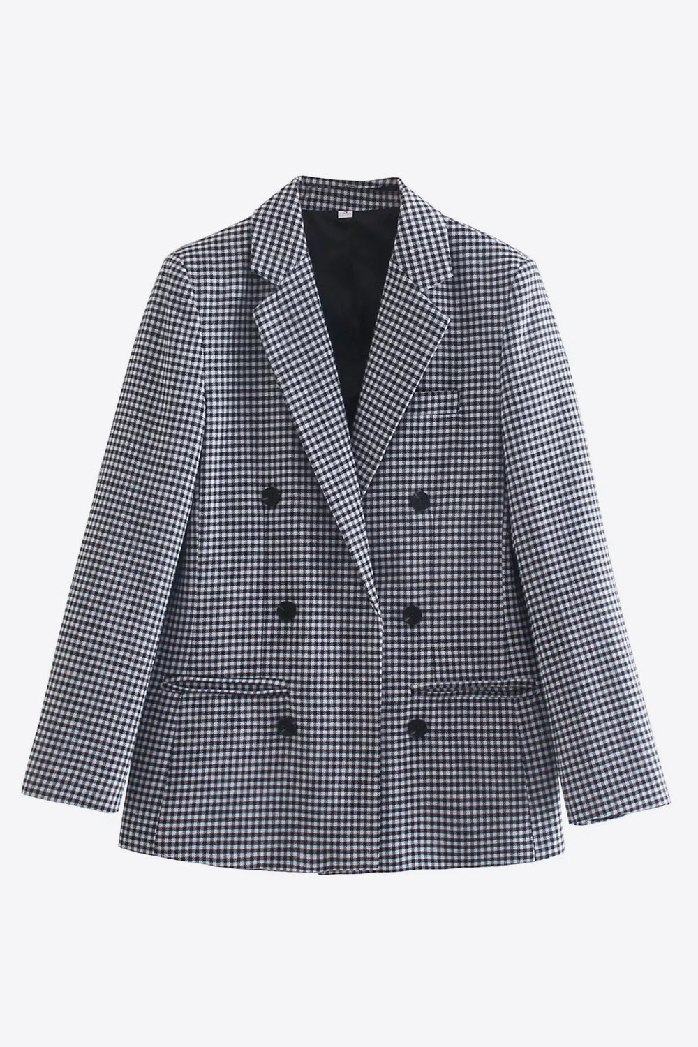 A stylish plaid double-breasted blazer featuring a lapel collar and long sleeves, perfect for casual occasions.