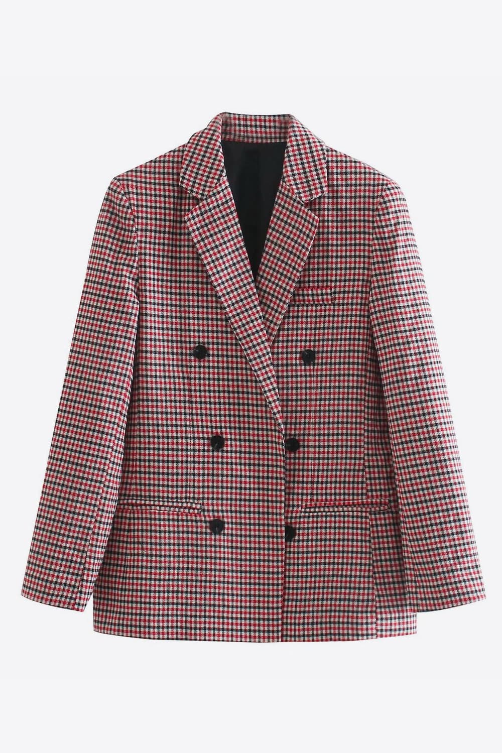 A stylish plaid double-breasted blazer featuring a lapel collar and long sleeves, perfect for casual occasions.