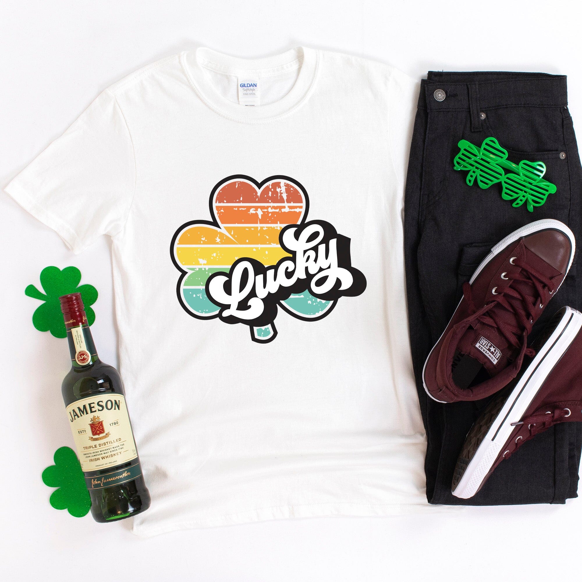 Plaid Lucky Retro St. Paddy's T-shirt featuring a vibrant plaid design, perfect for St. Patrick's Day celebrations.