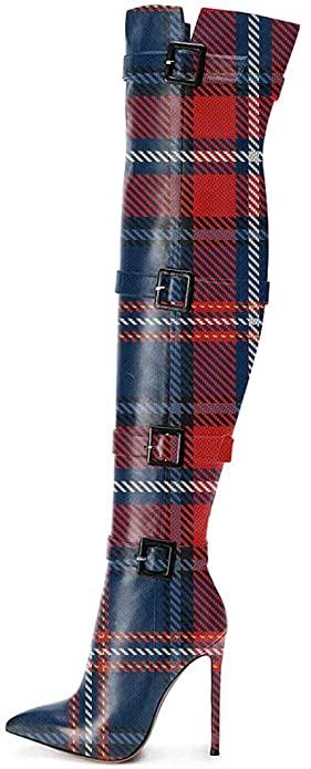 Stylish plaid over the knee boot with plush lining and a 4.72-inch heel, showcasing its elegant design and quality materials.