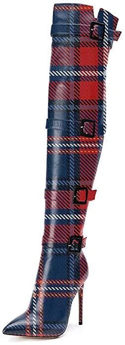 Stylish plaid over the knee boot with plush lining and a 4.72-inch heel, showcasing its elegant design and quality materials.