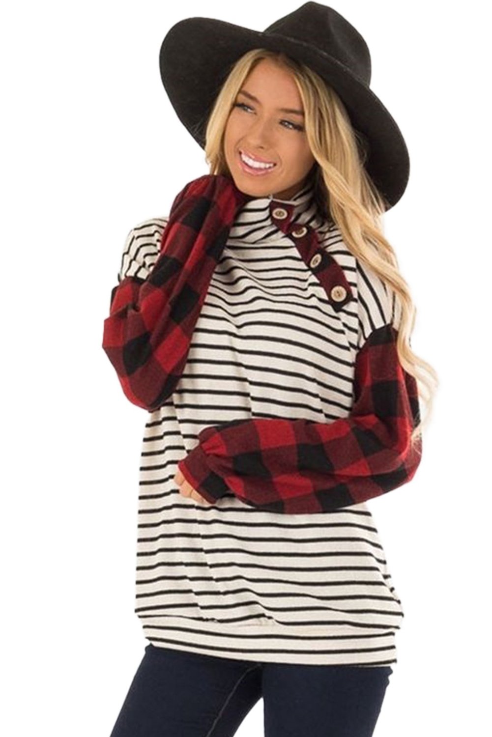 A stylish plaid patchwork striped long sleeve top featuring a high neck, irregular button detail, and retro checkered lantern sleeves.