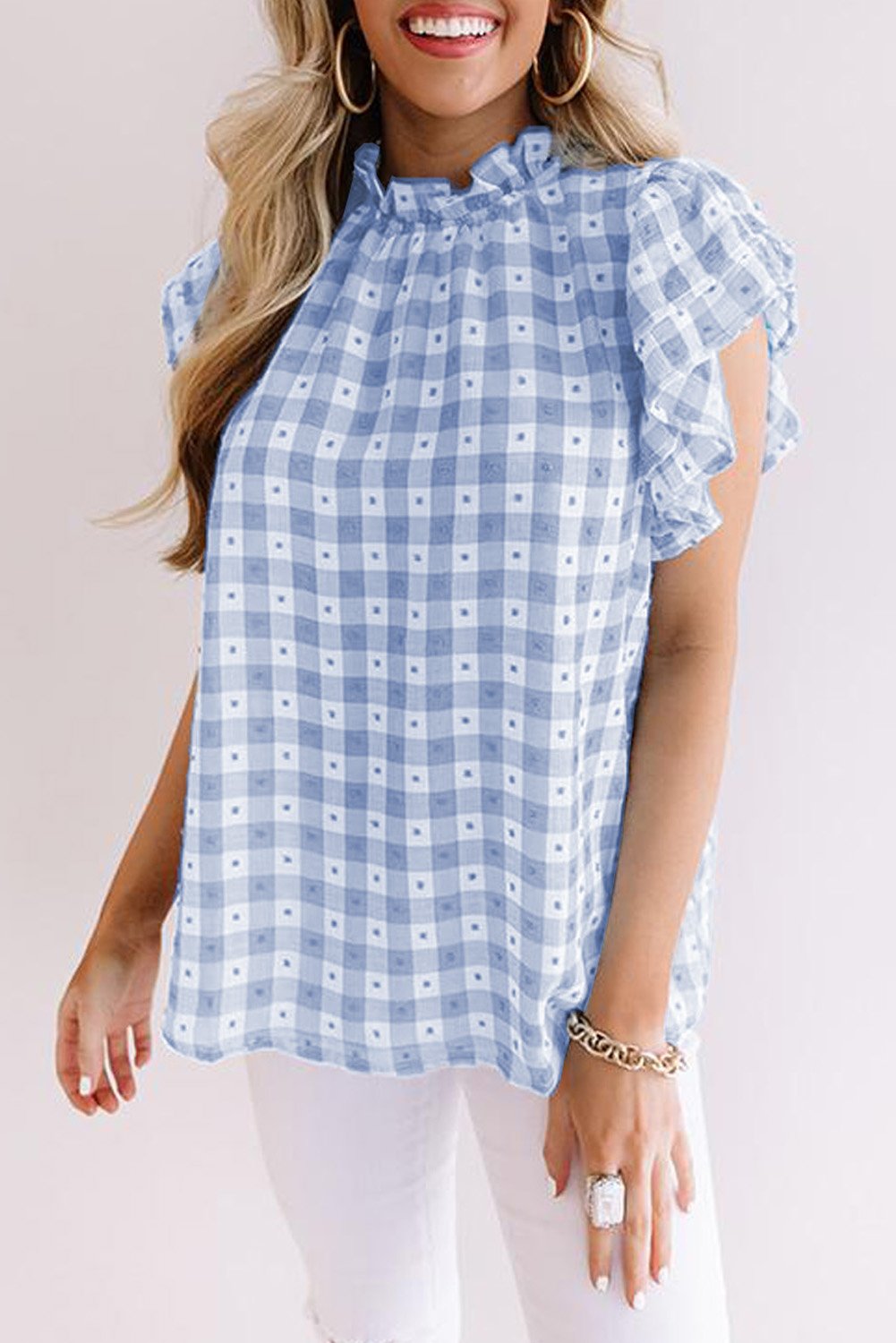 A stylish plaid ruffled short sleeves tee featuring a high rounded neckline and button closure at the back, perfect for casual wear.