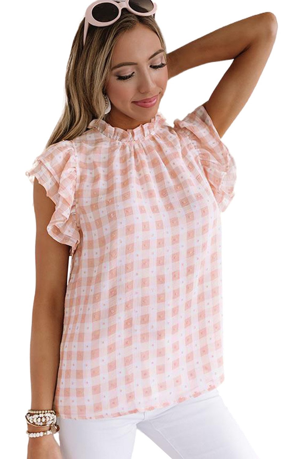 A stylish plaid ruffled short sleeves tee featuring a high rounded neckline and button closure at the back, perfect for casual wear.