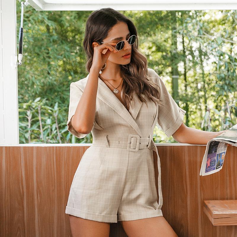 A stylish plaid sash belt women jumpsuit romper featuring a V-neck design, perfect for casual streetwear and office lady style.