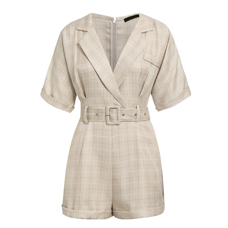 A stylish plaid sash belt women jumpsuit romper featuring a V-neck design, perfect for casual streetwear and office lady style.