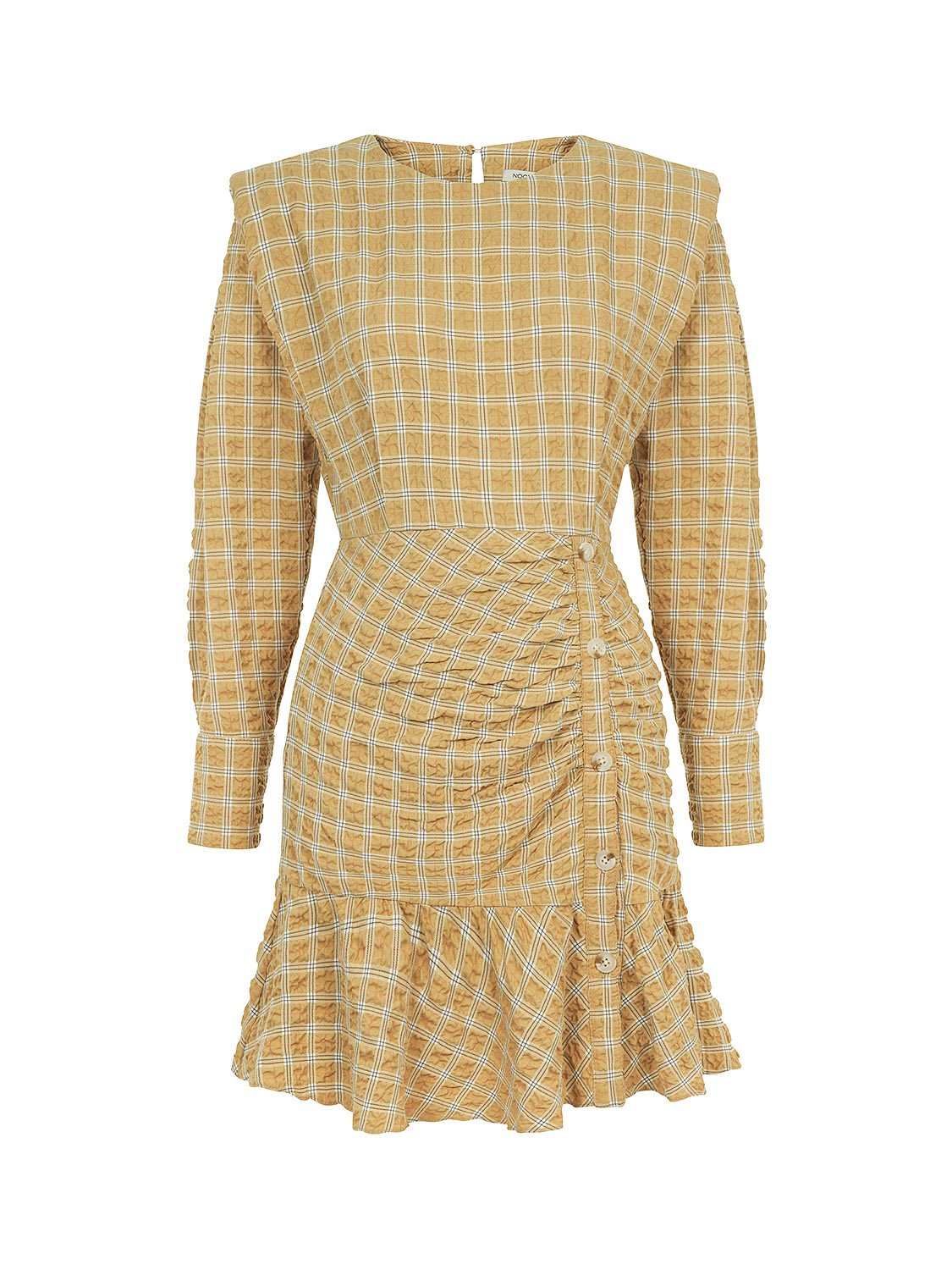 A stylish plaid mini dress with shoulder pads, featuring a flounced hem and cuffed sleeves, perfect for various occasions.