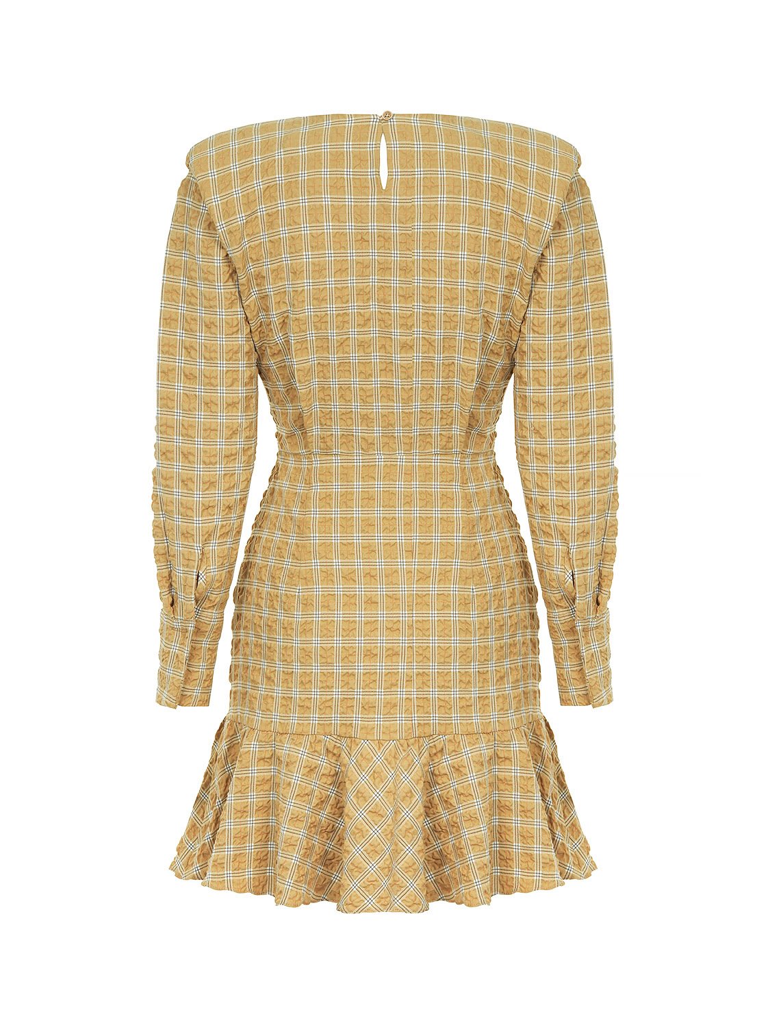 A stylish plaid mini dress with shoulder pads, featuring a flounced hem and cuffed sleeves, perfect for various occasions.