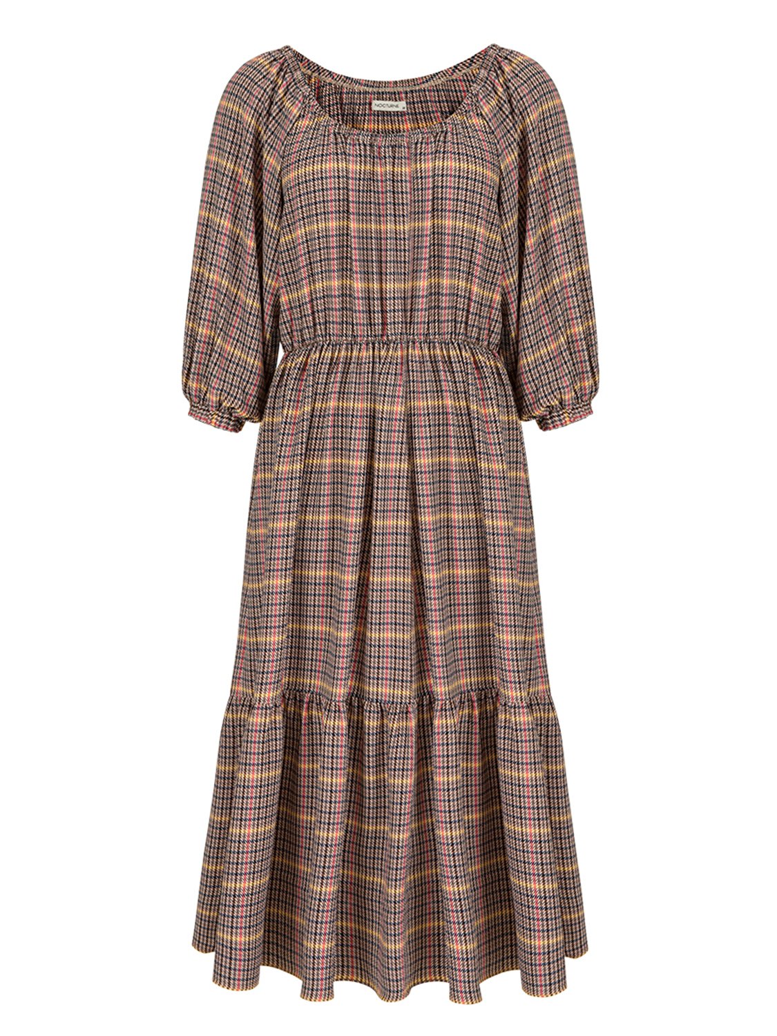 A stylish plaid smocked dress featuring a round neck, full elbow-length sleeves, and an elastic waistband, perfect for various occasions.