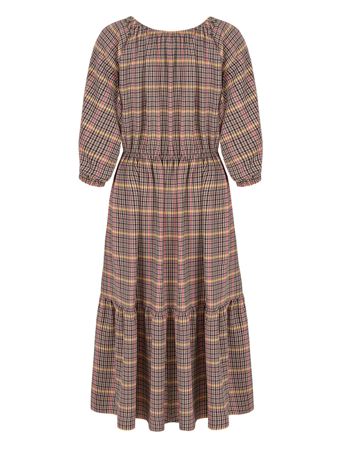 A stylish plaid smocked dress featuring a round neck, full elbow-length sleeves, and an elastic waistband, perfect for various occasions.