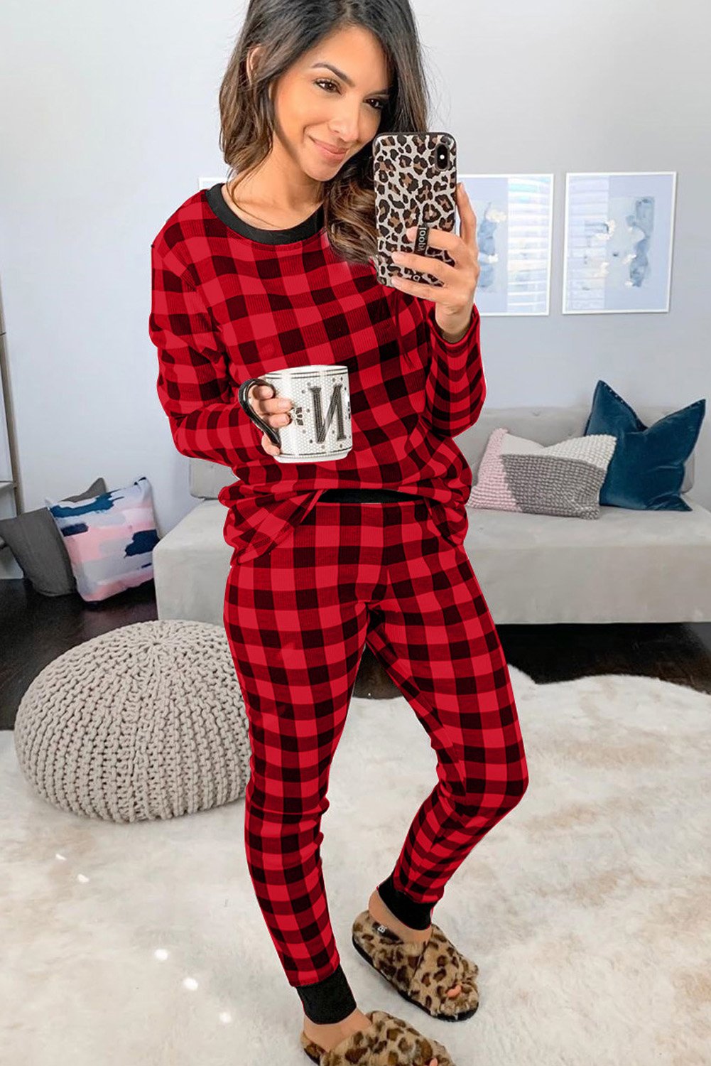 Plaid Two Pieces Loungewear set featuring a relaxed fit top and pants in a cozy thermal fabric, perfect for winter lounging.