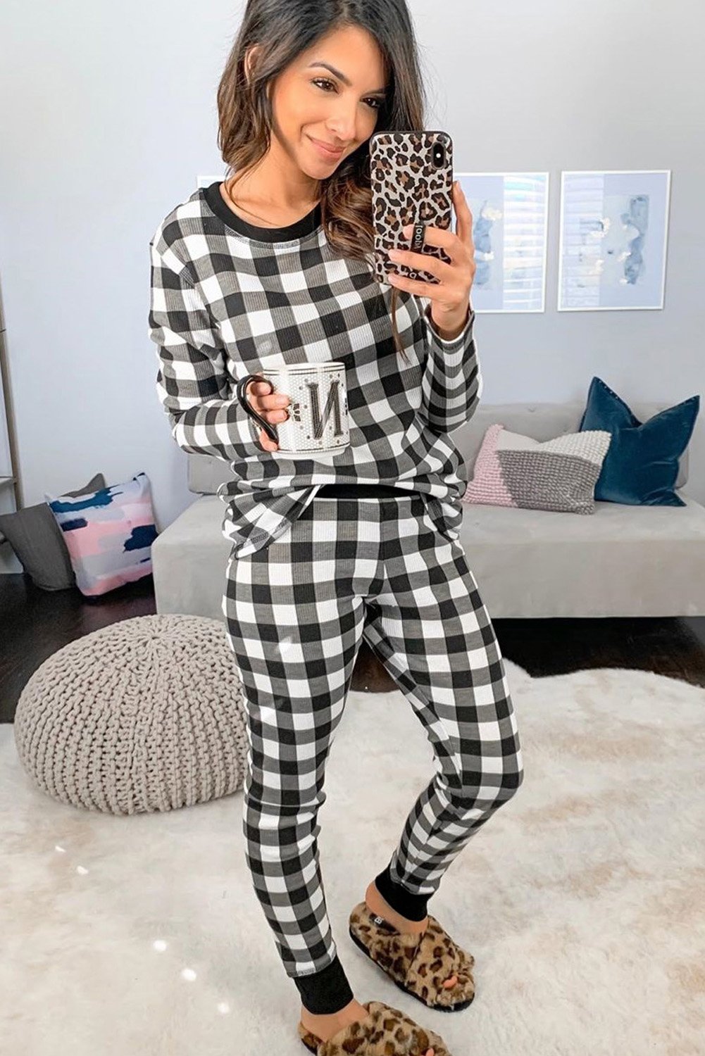 Plaid Two Pieces Loungewear set featuring a relaxed fit top and pants in a cozy thermal fabric, perfect for winter lounging.