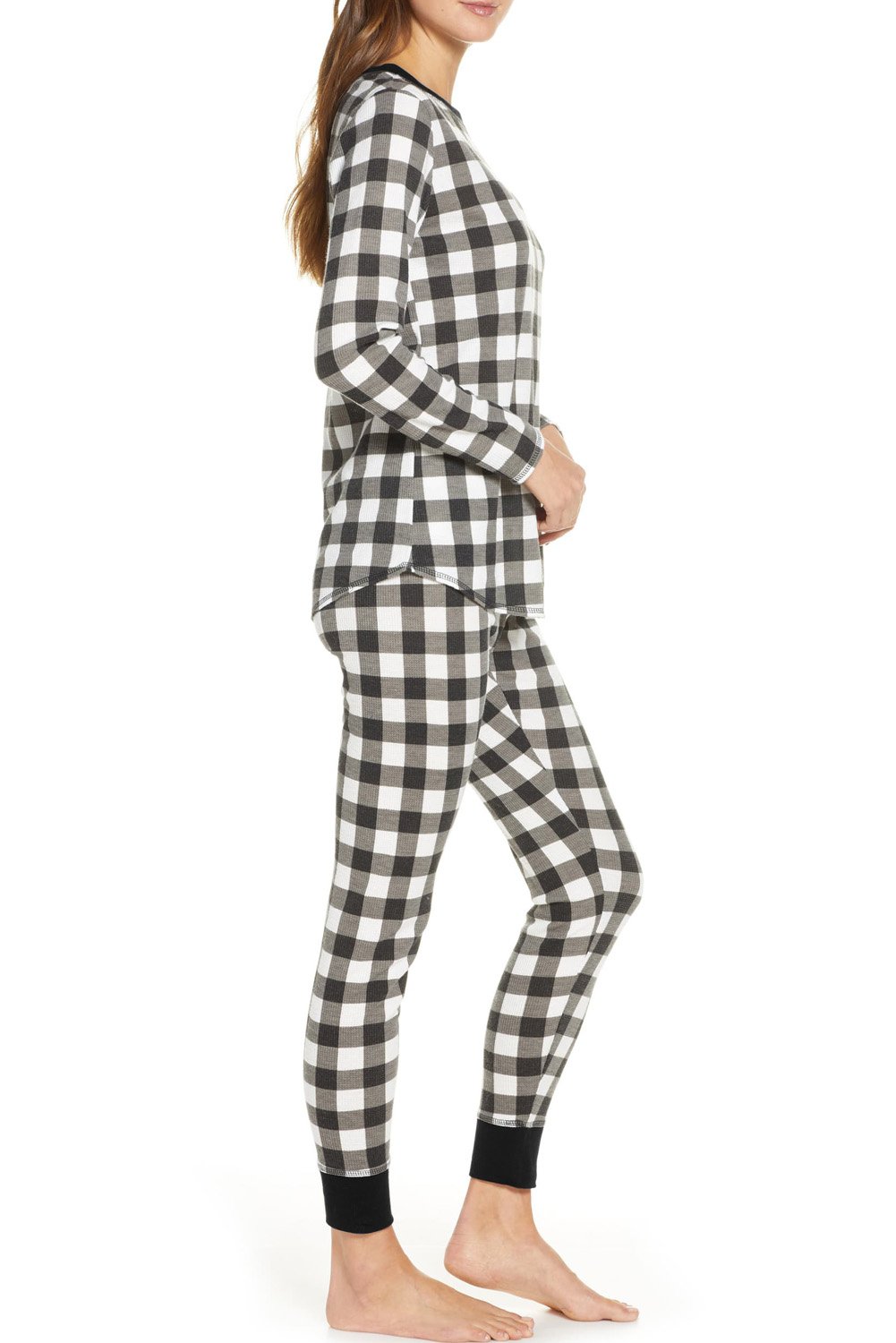 Plaid Two Pieces Loungewear set featuring a relaxed fit top and pants in a cozy thermal fabric, perfect for winter lounging.