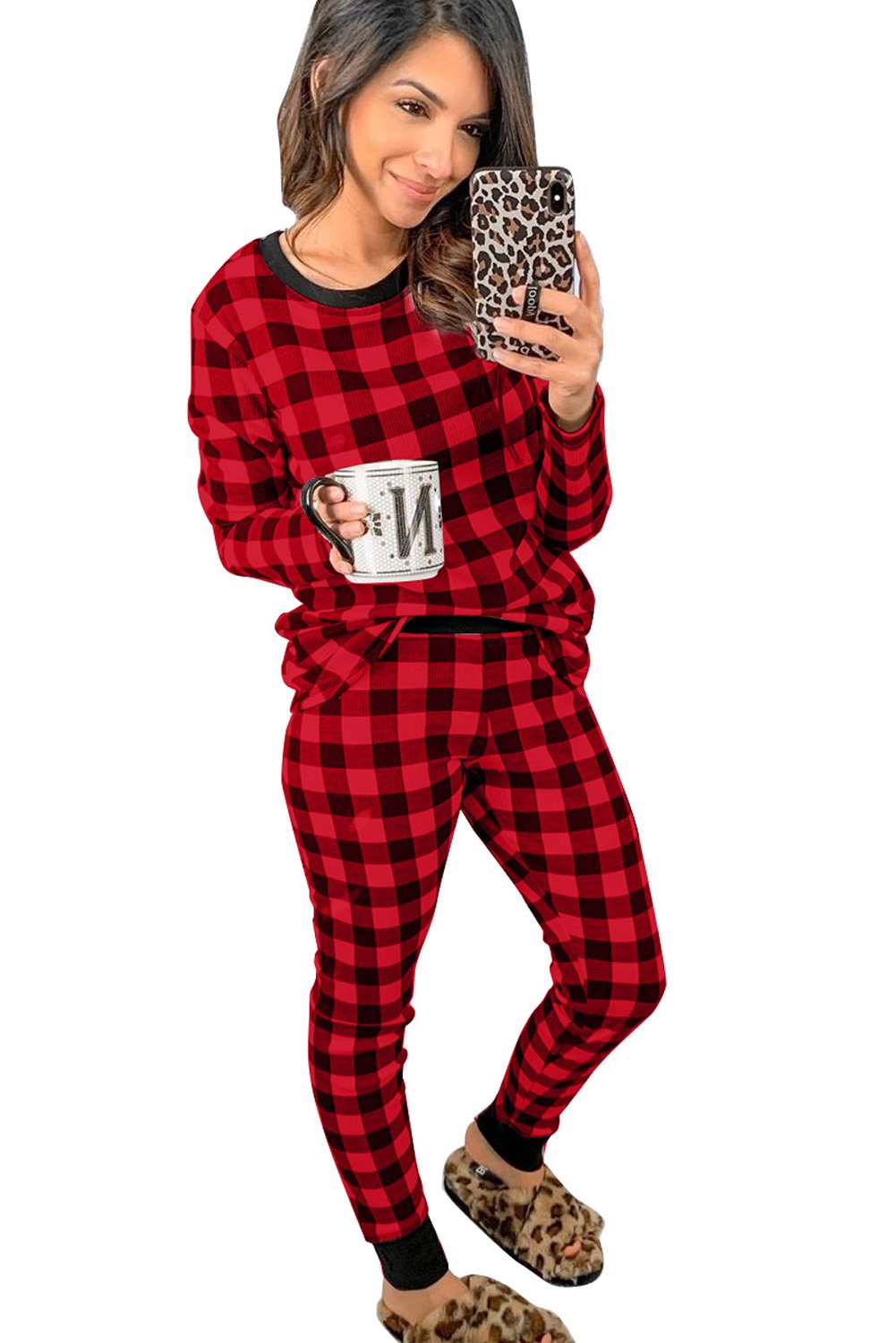 Plaid Two Pieces Loungewear set featuring a relaxed fit top and pants in a cozy thermal fabric, perfect for winter lounging.