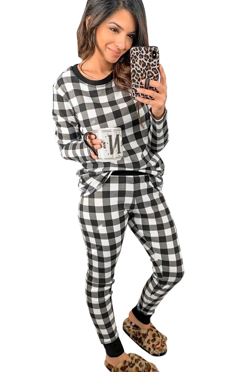 Plaid Two Pieces Loungewear set featuring a relaxed fit top and pants in a cozy thermal fabric, perfect for winter lounging.